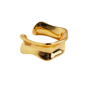 Minimalist irregular wave texture open ring in golden finish on white background