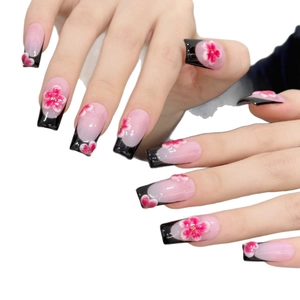 Dark Night Sakura press-on nails with black French tips and 3D floral carving