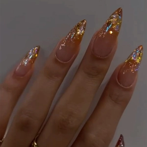 French Gold Glitter Press On Nails Long Stiletto Gradient Blush Aurora Rhinestone Artificial Finger Nail Tips Women Elegant