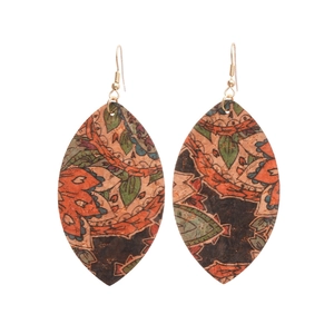 Bohemian cork leaf earrings with vintage orange and green floral prints on white background