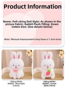 Detail view of pull-string rabbit plush doll with soft rabbit fur and cotton filling