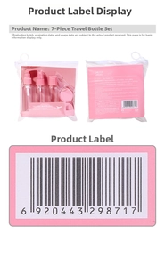Detailed 7-piece pink travel bottle set with spray and pump bottles in clear PVC pouch