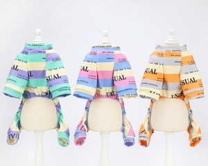 Detailed comparison of three colorful knitted dog pajamas on professional models