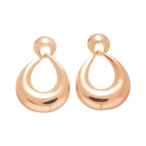 Symmetric teardrop hollow geometric earrings in rose gold finish on white background