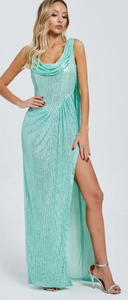 Detail of mint green sequin maxi dress featuring a draped neckline and high side slit