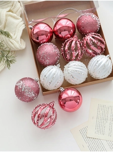 Set of 12 pink and white 8cm Christmas balls in a gift box with glitter and spirals