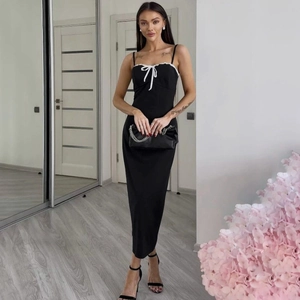 Robe à Bretelles Élégante Pour Femmes Dos Nu Avec Noeud Blanc Bordure En Dentelle Sexy Bodycon Slim Fit Robe Maxi Pour Fête D'été Soirée Femme