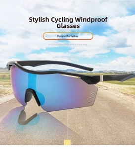 Detail of blue polarized lens with aerodynamic air vents on cycling sunglasses