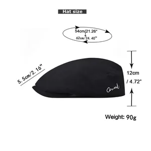 Size chart showing head circumference and dimensions for the black embroidered beret cap