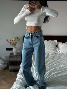 Damen Vintage High Waist Wide Leg Jeans Gewaschenes Blau 100% Baumwolle Denim Lockere Passform Streetwear Lange Hose Für Damen