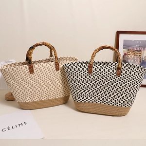 Woven Handbag Cotton Rope Tote With Bamboo Handle Large Capacity Vacation Casual Basket Bag For Women