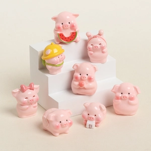 Set of 8 cute pink resin pig figurines in various poses for desktop or DIY decoration
