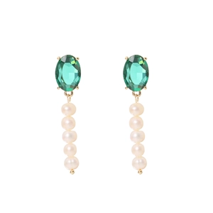 Vertical pearl linear earrings featuring a green oval gemstone and five white pearls