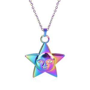 Rainbow plated stainless steel star pendant necklace with face relief detail
