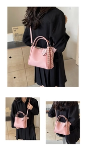Detailed macro view of pink lychee pattern tote bag with a checkered silk scarf accent