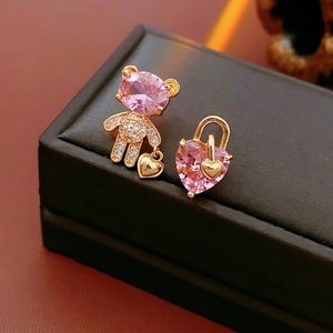 Asymmetric Bear Heart Stud Earrings Zircon Copper Pink Crystal 925 Sterling Silver Earring Post Sweet Fashion Women