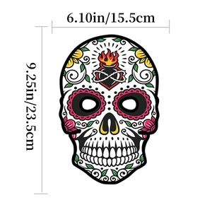 Traditional Mexican Day of the Dead sugar skull mask with vibrant patterns and dimensions