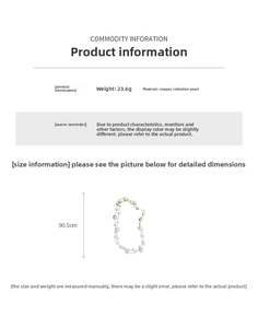 Macro detail of long gold-plated pearl necklace showing 90.5cm length and 23.6g weight