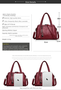 Detailed size guide for women's soft leather handbag with dimensions and iPad comparison