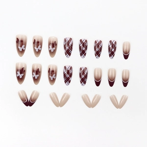 Maillard plaid and butterfly almond press-on nails in reddish brown and cream tones