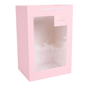Pink paper gift bag with large clear window and white rope handles for flowers