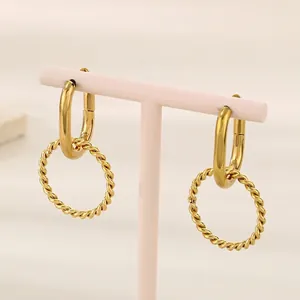 Stainless Steel Twisted Hoop Earrings Minimalist Geometric Gold Plated Dual Ring Huggie For Women Fashion Jewelry
