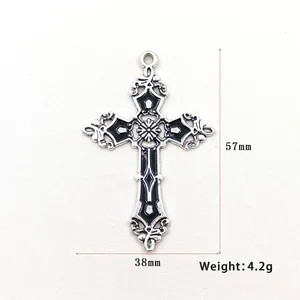 Vintage gothic cross pendant with antique silver vine patterns and black enamel details