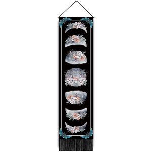 Vertical wall tapestry with moon phase flower cycle design and black tassels