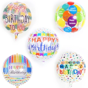 Detail view of five clear 4D birthday balloons with colorful Happy Birthday prints