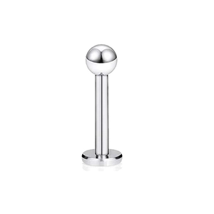Detailed macro view of 16G stainless steel labret stud with a polished silver finish