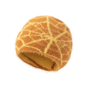 Detail of plush spider web knit beanie showing fuzzy texture and warm thermal lining