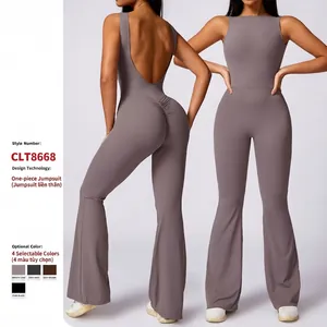 Women Slim Fit Yoga Jumpsuit Backless Flared Leg One Piece Bodysuit Scrunch Butt Lifting Sleeveless Top And Bottom Sportswear
