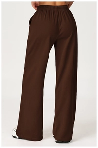 Detail view of the brown wide-leg sweatpants back side showing high-waist design