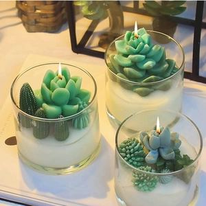 Détails de bougies parfumées en forme de succulente en pots de verre avec cire de soja