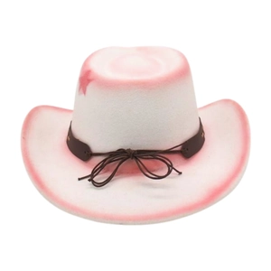 Detail of pink gradient cowboy hat with star pattern and brown leather band