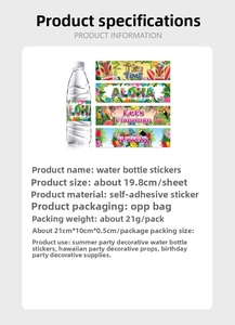 Detailed view of 19.8cm Hawaiian Aloha water bottle labels featuring Tiki and flamingo motifs