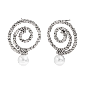 Elegant silver twisted hoop earrings with round white pearl drop on white background