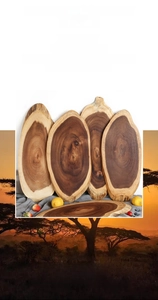 Macro detail of natural acacia wood cutting board with authentic raw edges and grain