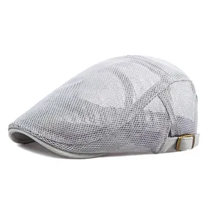 Unisex grey breathable mesh beret cap with adjustable metal buckle on white background
