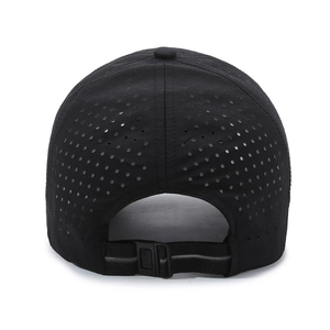Black quick-dry mesh baseball cap for men featuring breathable laser-cut holes and rear strap