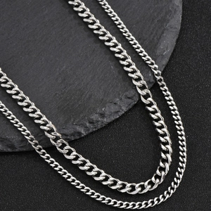 Silver stainless steel double layered cuban link chain necklace for men in hip hop style