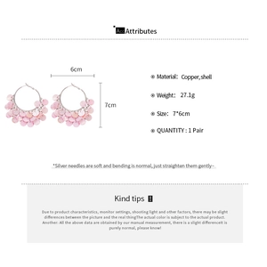 Detailed dimensions of pink shell tassel hoop earrings with copper metal rings