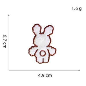 Detailed view of plush white rabbit embroidery patch with 6.7cm x 4.9cm size dimensions