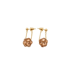 Vintage style gold earrings with champagne crystal pave ball pendants on white background
