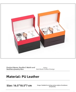 Dual-tone PU leather watch and necklace storage box with hooks and jewelry slots