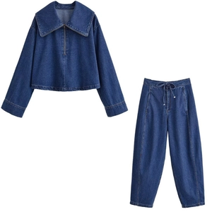Completo Giacca E Pantaloni In Denim Donna Top Mezza Zip Grande Revers Pantaloni Vita Alta Coulisse Streetwear Blu Scuro