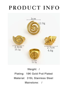 Detailed size and weight chart for gold 18K PVD plated stainless steel spiral rings