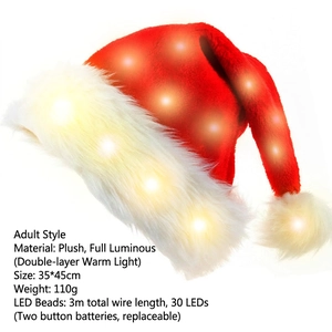 Plush red Christmas hat with 30 warm LED lights and golden stars for festive parties