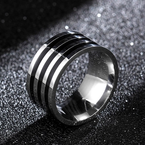 Men Ring Wide 316L Stainless Steel Polished Band With Triple Black Stripes Industrial Simple Style Jewelry