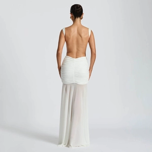 Elegant backless white maxi dress with pleated details and sleeveless design